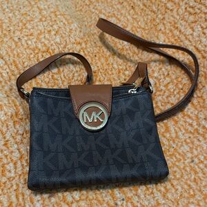 Michael Kors Black and Brown MK Monogram Crossbody Bag